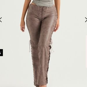 HOUSEOFCB DREW MOCHA VEGAN LEATHER LACE UP TROUSERS